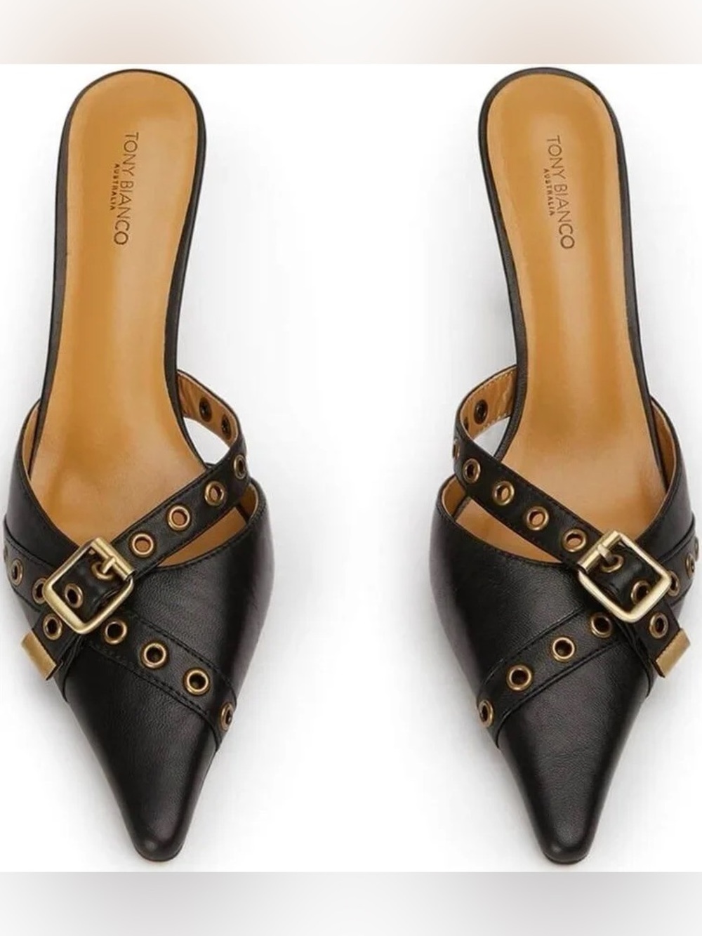 Tony Bianco Black Pointed Slip-On Mules with Gold Eyelet Straps